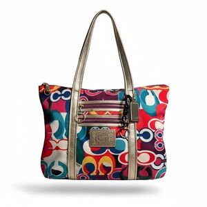 Coach Poppy Multicolor Signature Pop Tote with Gold Accents